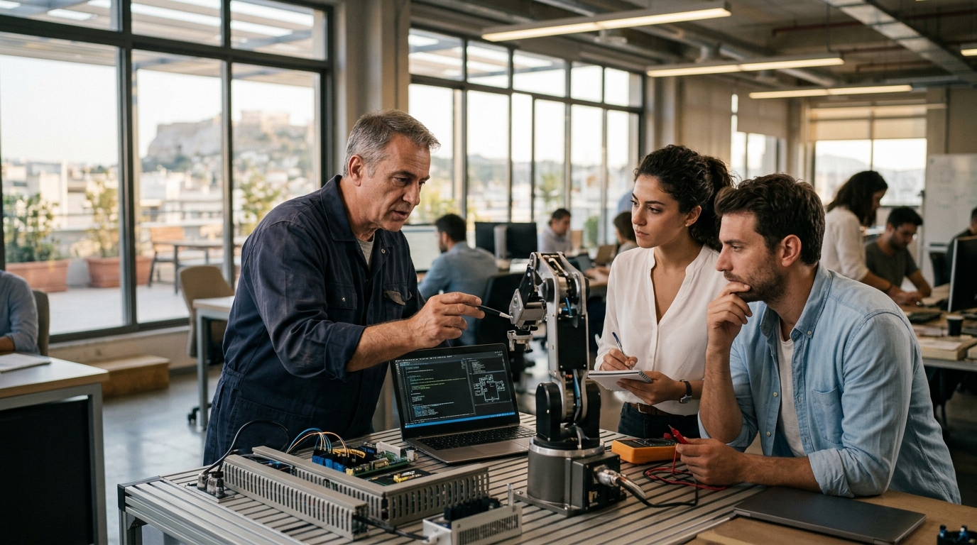 Engineer utilizing artificial intelligence tools in a modern office setting.