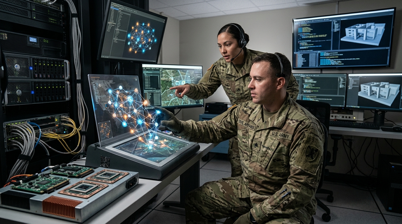 US Army soldiers using Military AI systems for complex social crisis simulation training.