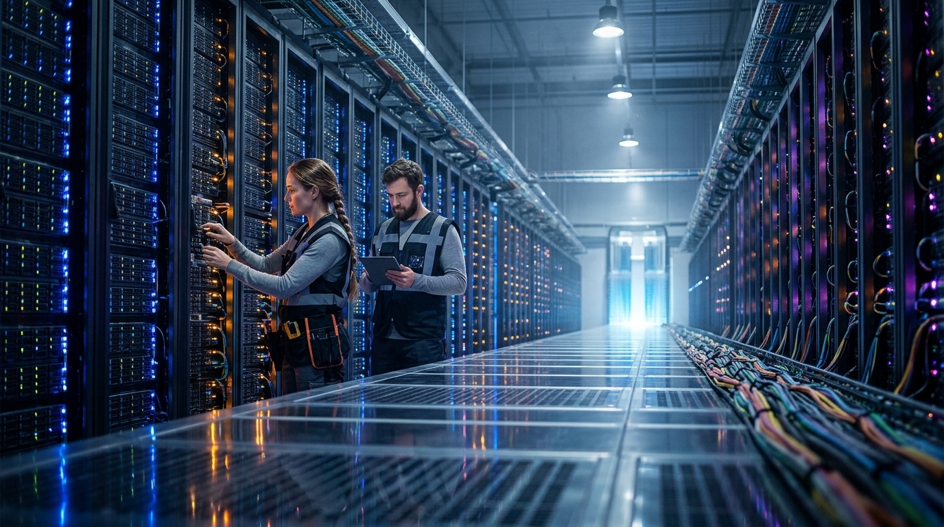 Inside a Meta Data Center featuring servers and cooling systems for Artificial Intelligence.