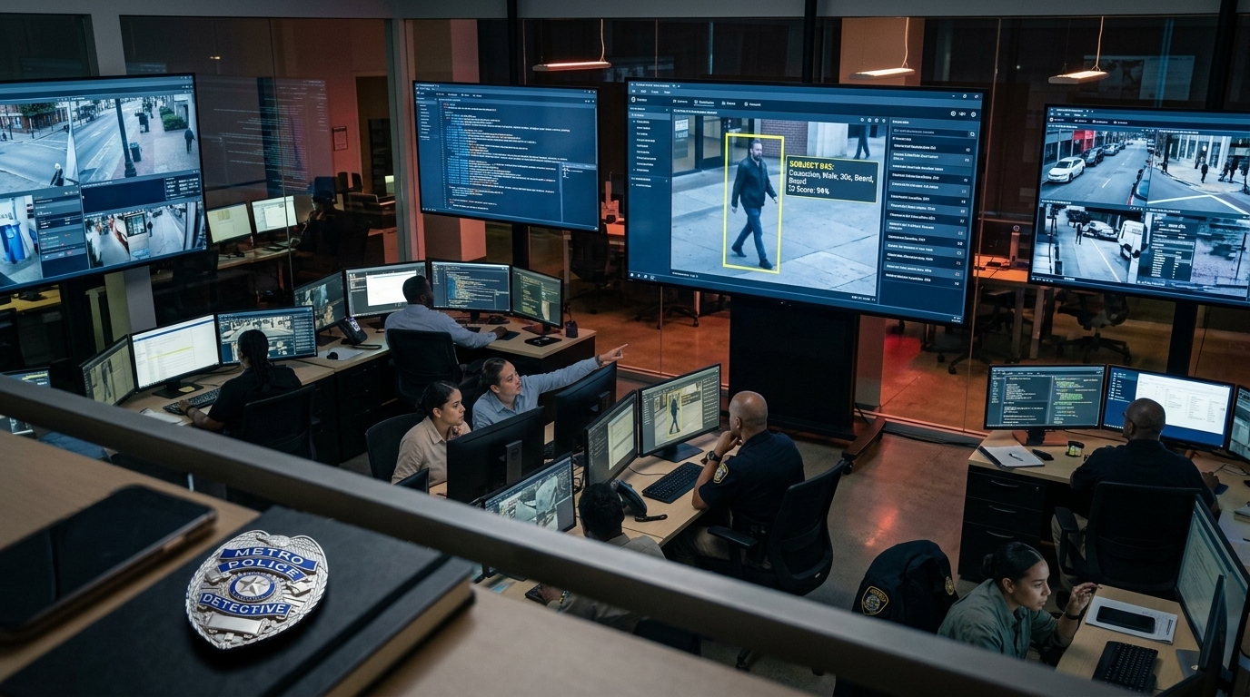 Futuristic digital interface showing AI policing and surveillance data analysis.