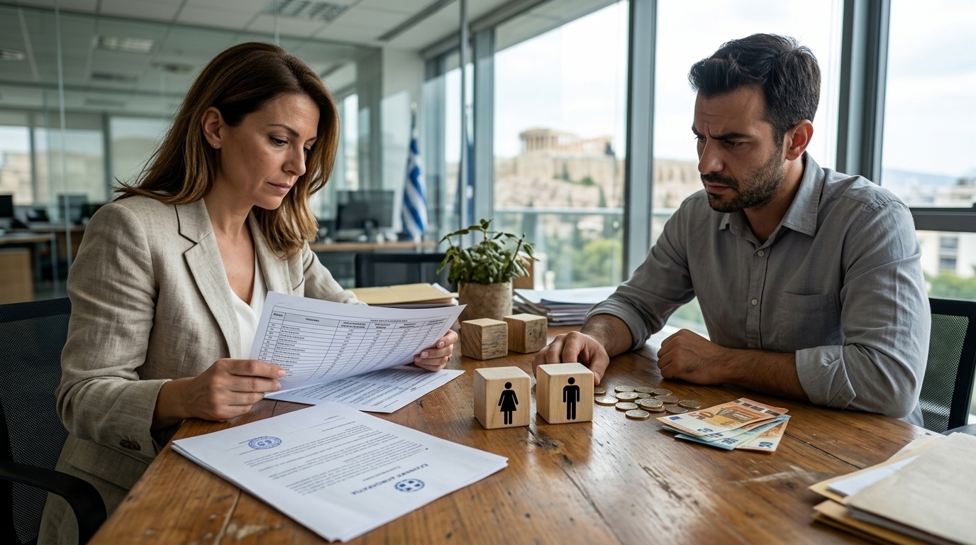 Symbolic image representing gender pay equality and labor rights in Greece.