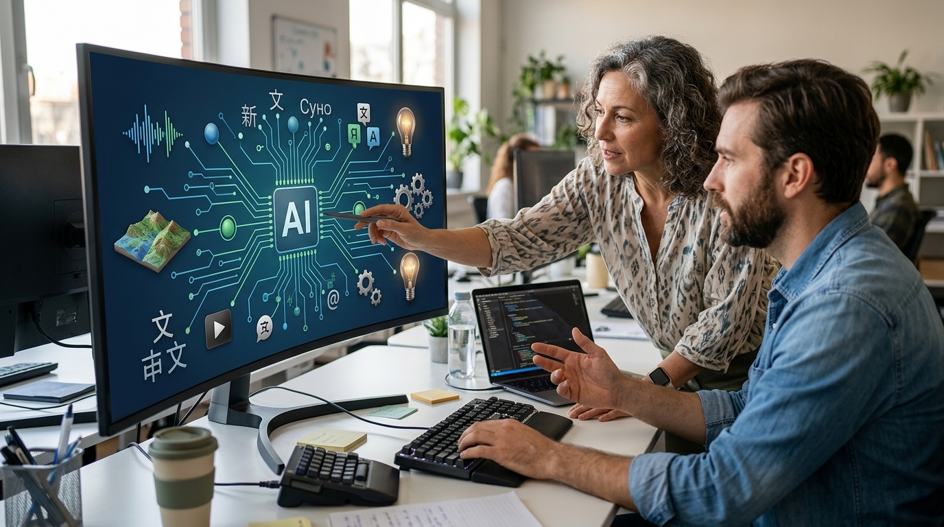Professional using artificial intelligence to boost productivity in a modern office setting.