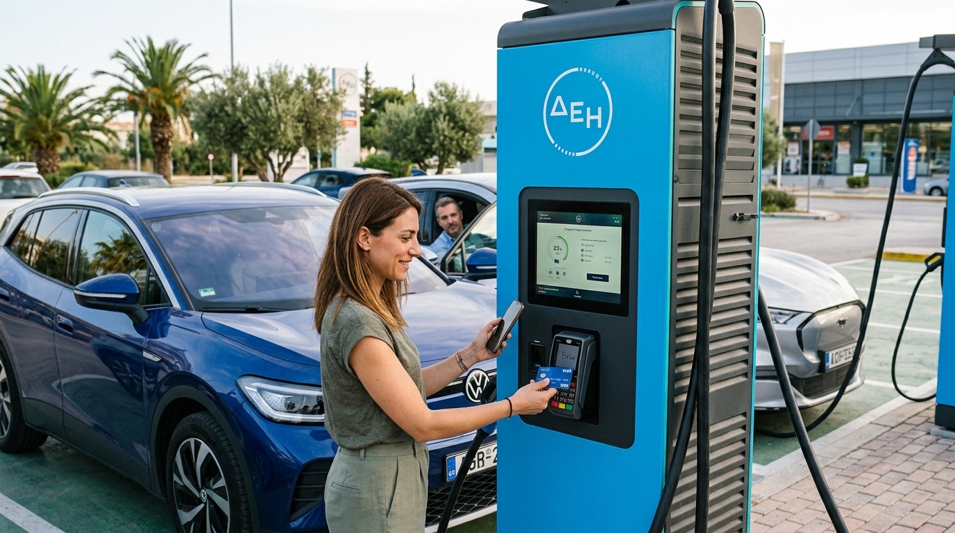 Electric vehicle charging at a ΔΕΗ blue station using a Visa card for electromobility rewards.