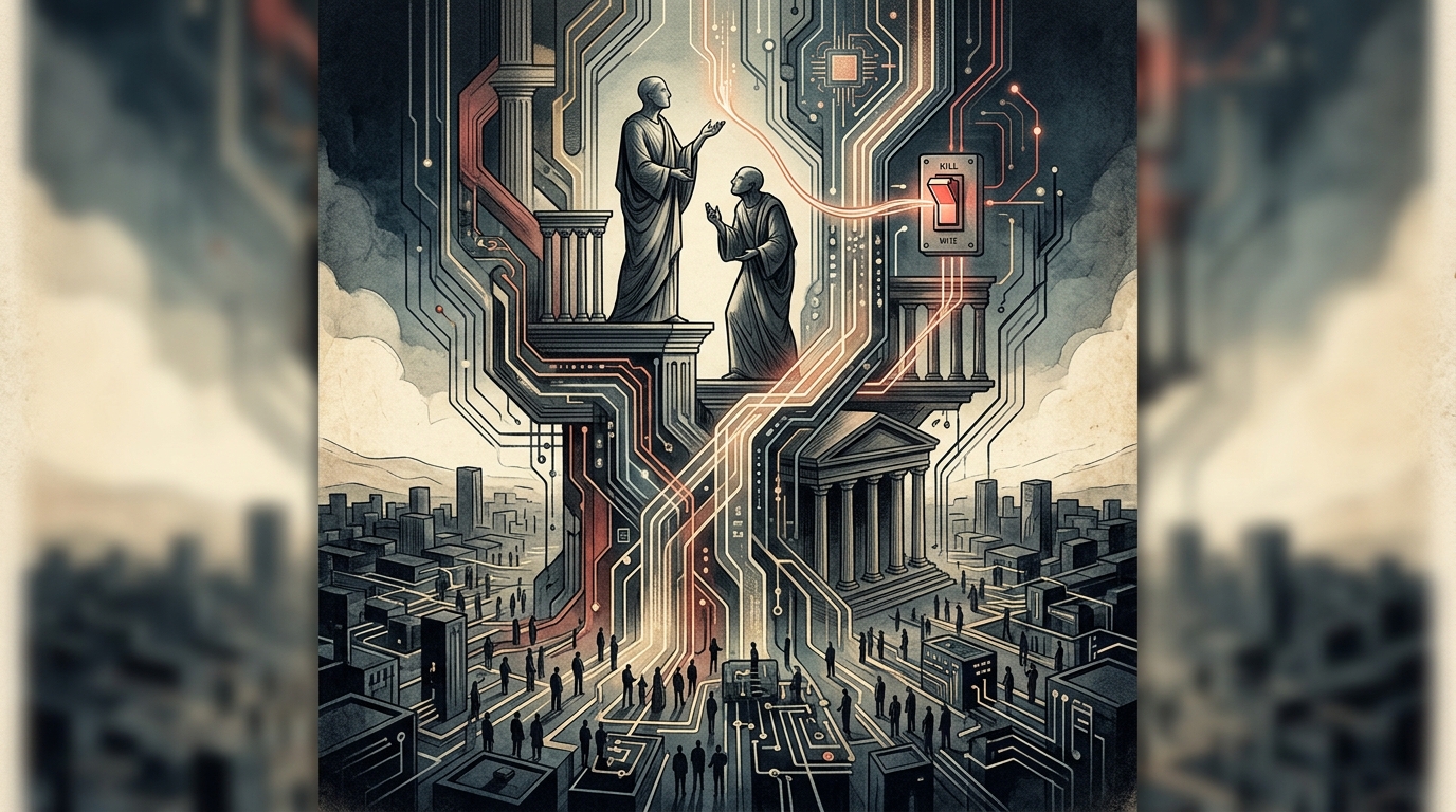Digital illustration representing AI safety and human control over autonomous agents.