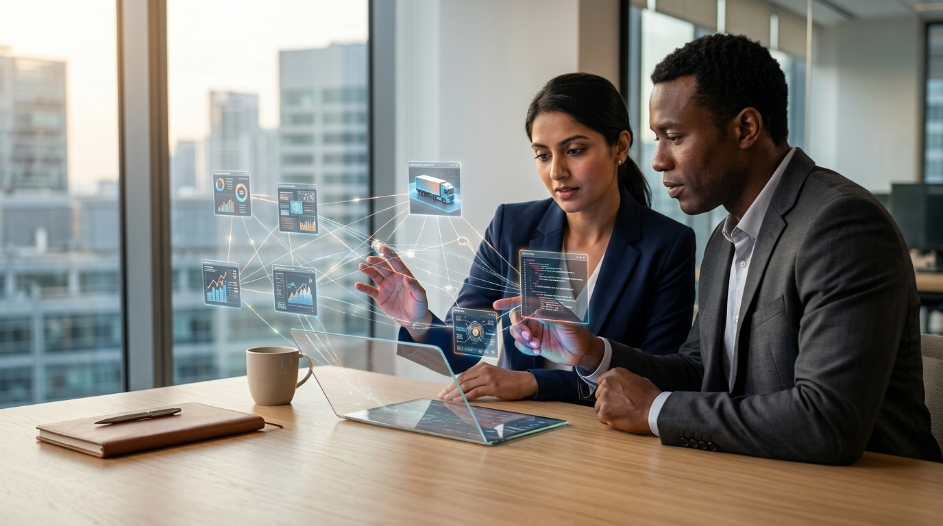 Digital representation of autonomous AI Agents collaborating in a corporate business environment.