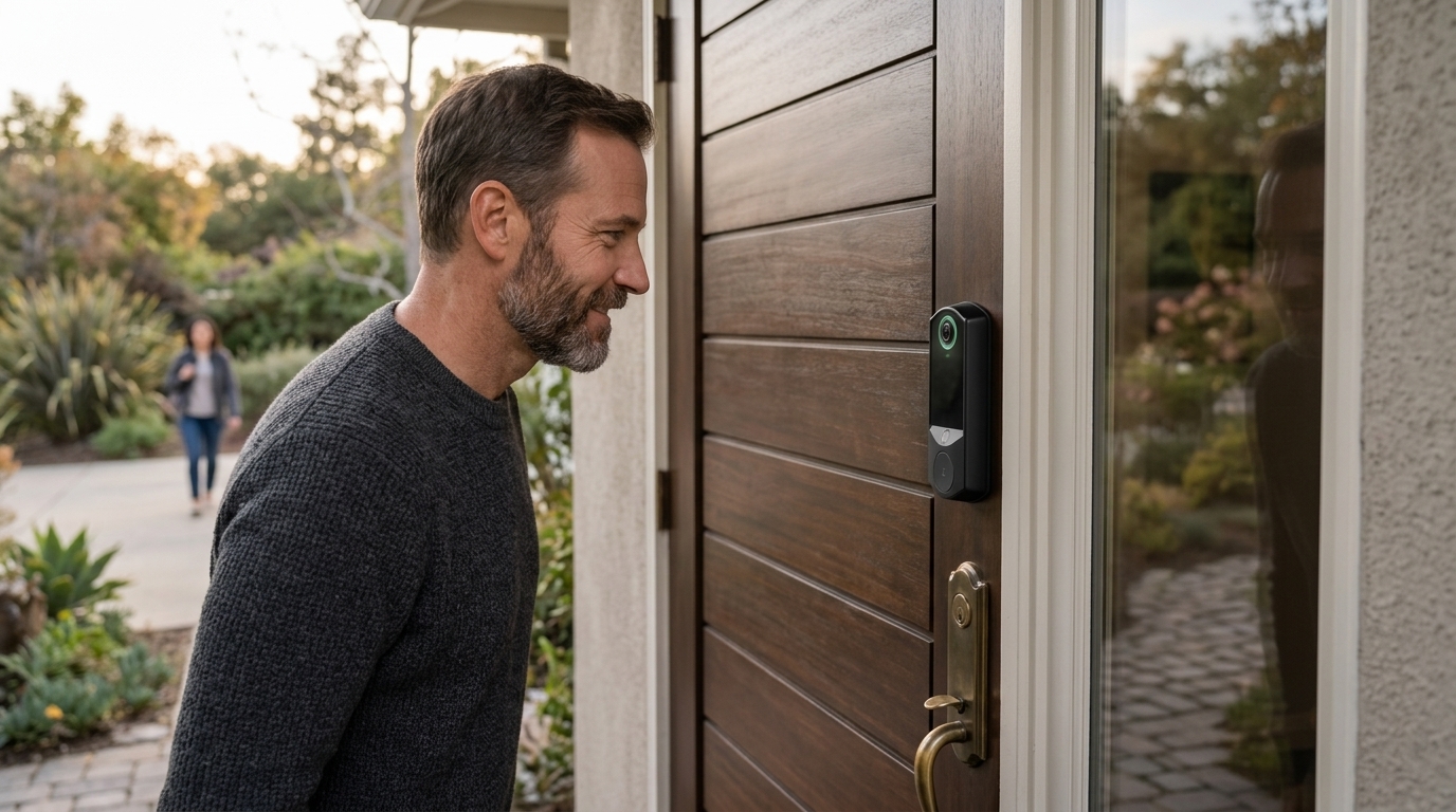 Modern smart lock with facial recognition technology installed on a front door.
