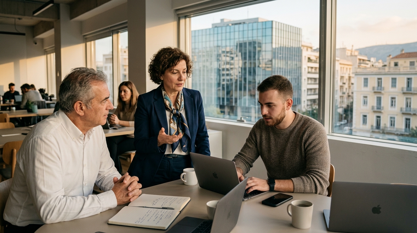 Modern workplace featuring artificial intelligence and digital tools.