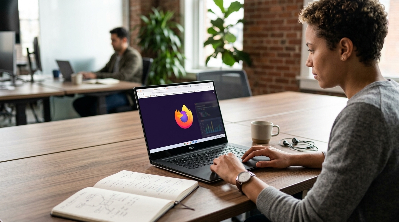 Firefox logo with artificial intelligence graphics and source code.