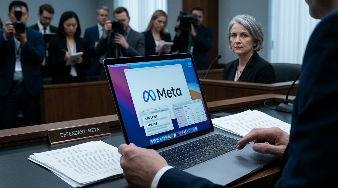 Το λογότυπο της Meta δίπλα σε ένα σφυρί δικαστηρίου για τη δίκη 1,4 τρισ. δολαρίων.