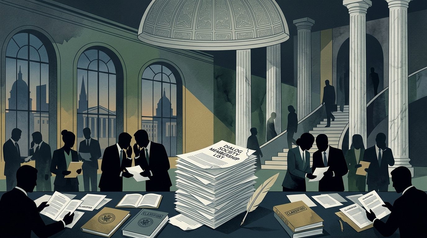 Digital representation of a data leak involving Peter Thiel and the Dialog Society.