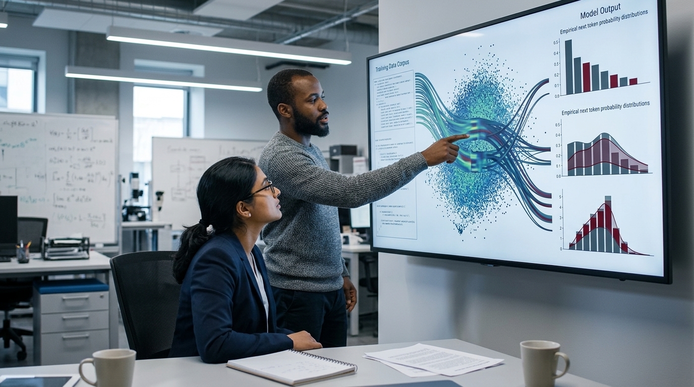 Visualization of LLM next-token distributions and training data patterns.