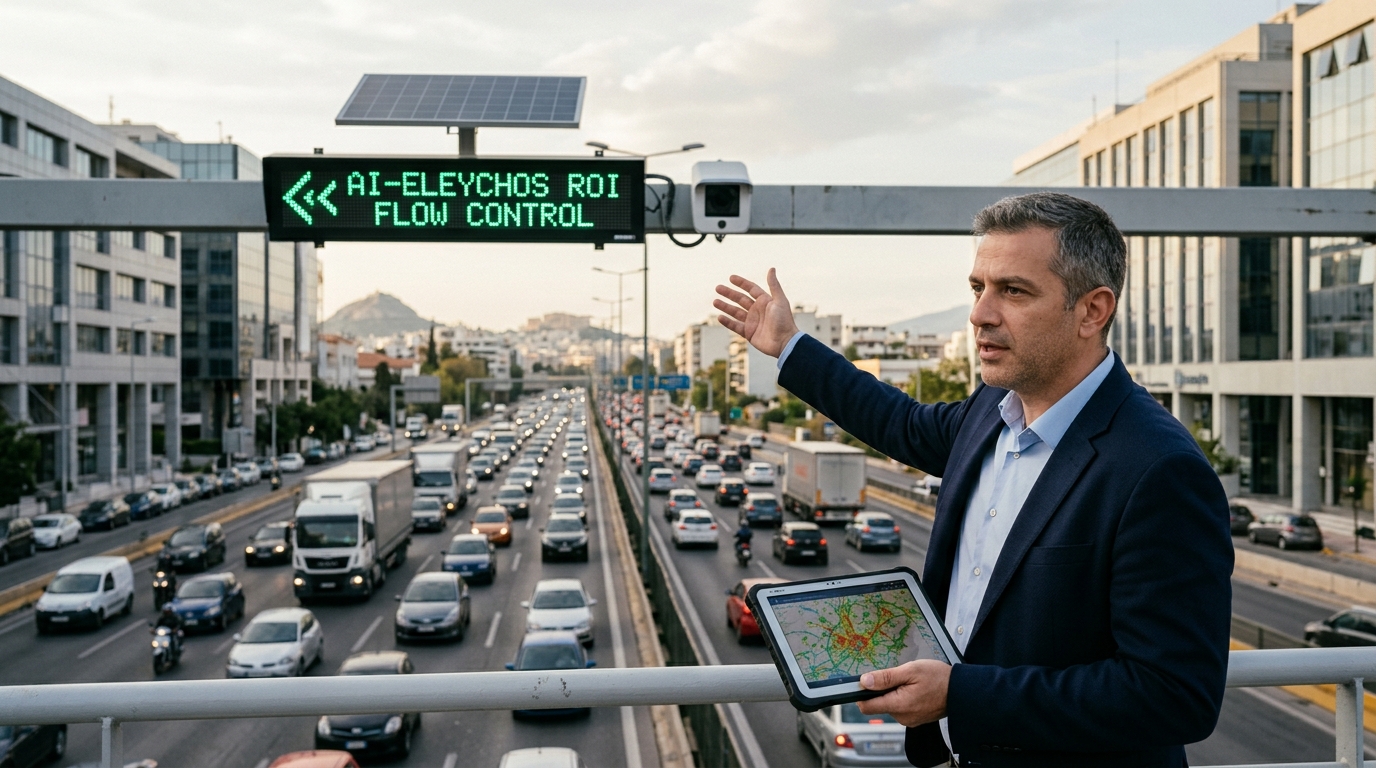 Digital visualization of AI smart signals managing traffic flow on Kifisos highway in Athens.