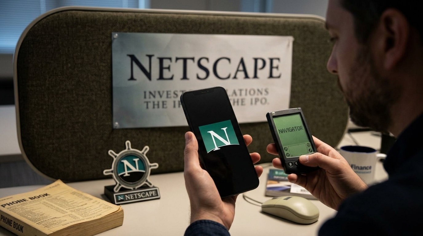Ο Μαρκ Αντρέεσεν και το λογότυπο της Netscape που συμβολίζουν την ιστορική IPO του 1995 στη Wall Street.