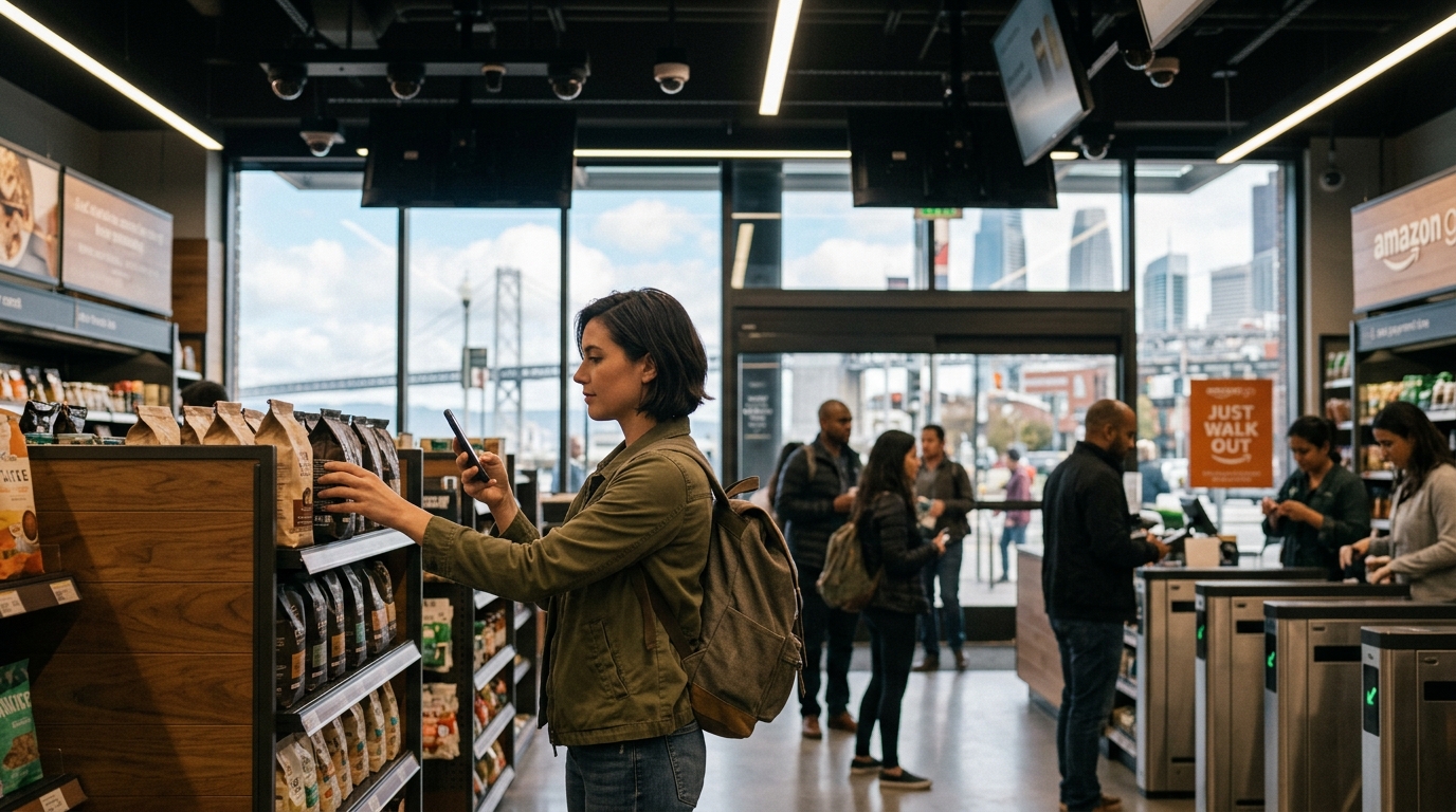 Modern AI retail store in San Francisco with no checkouts or queues.