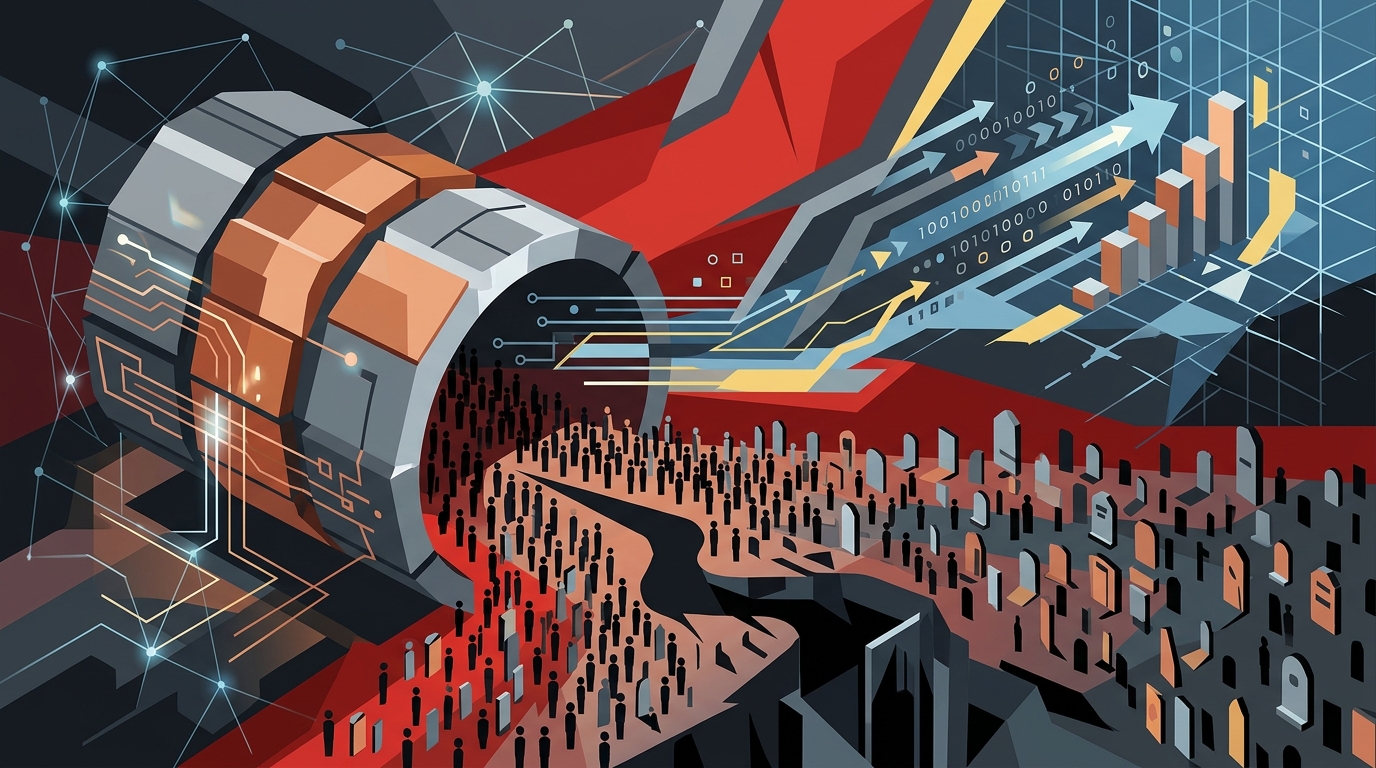 A digital illustration of a factory floor with robotic arms replacing human workers, symbolizing AI layoffs.