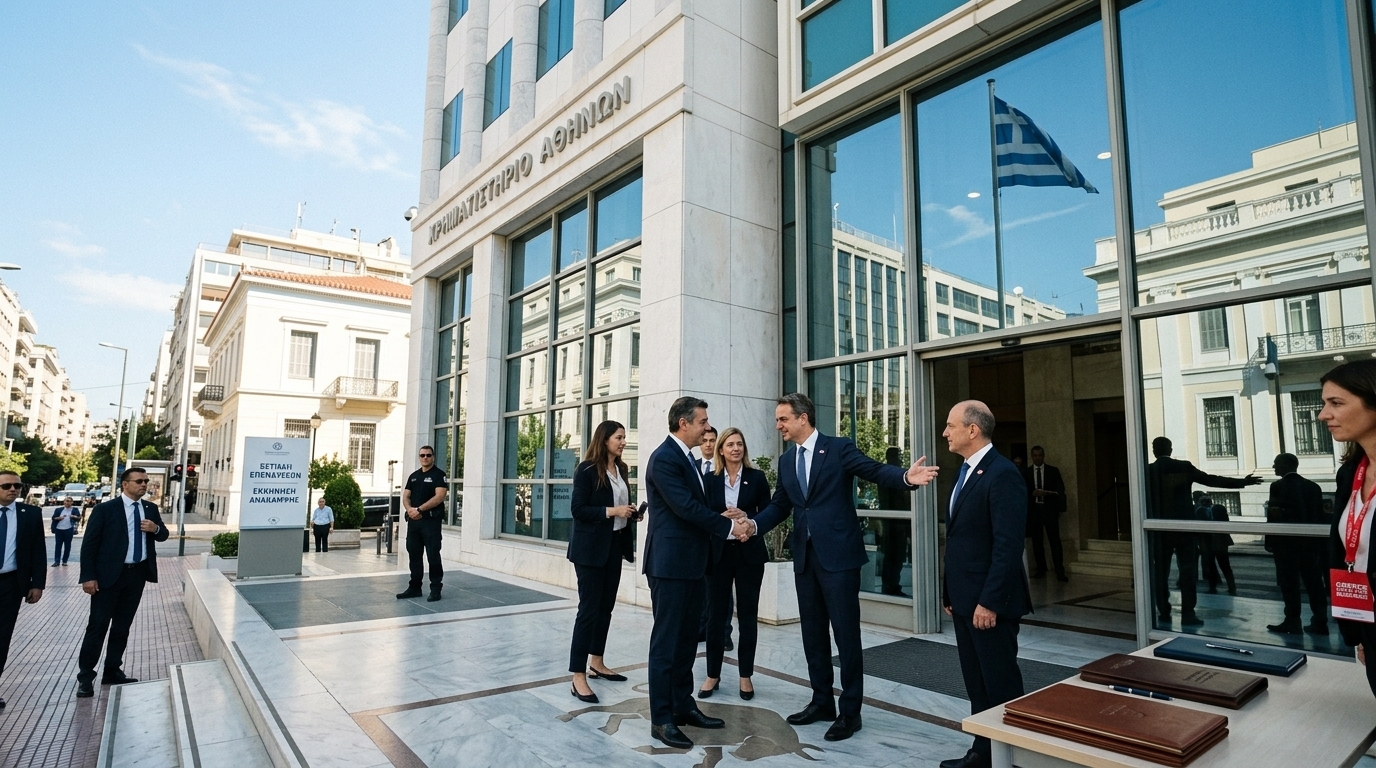 Το κτίριο του Χρηματιστηρίου Αθηνών με γραφήματα ανόδου των μετοχών.