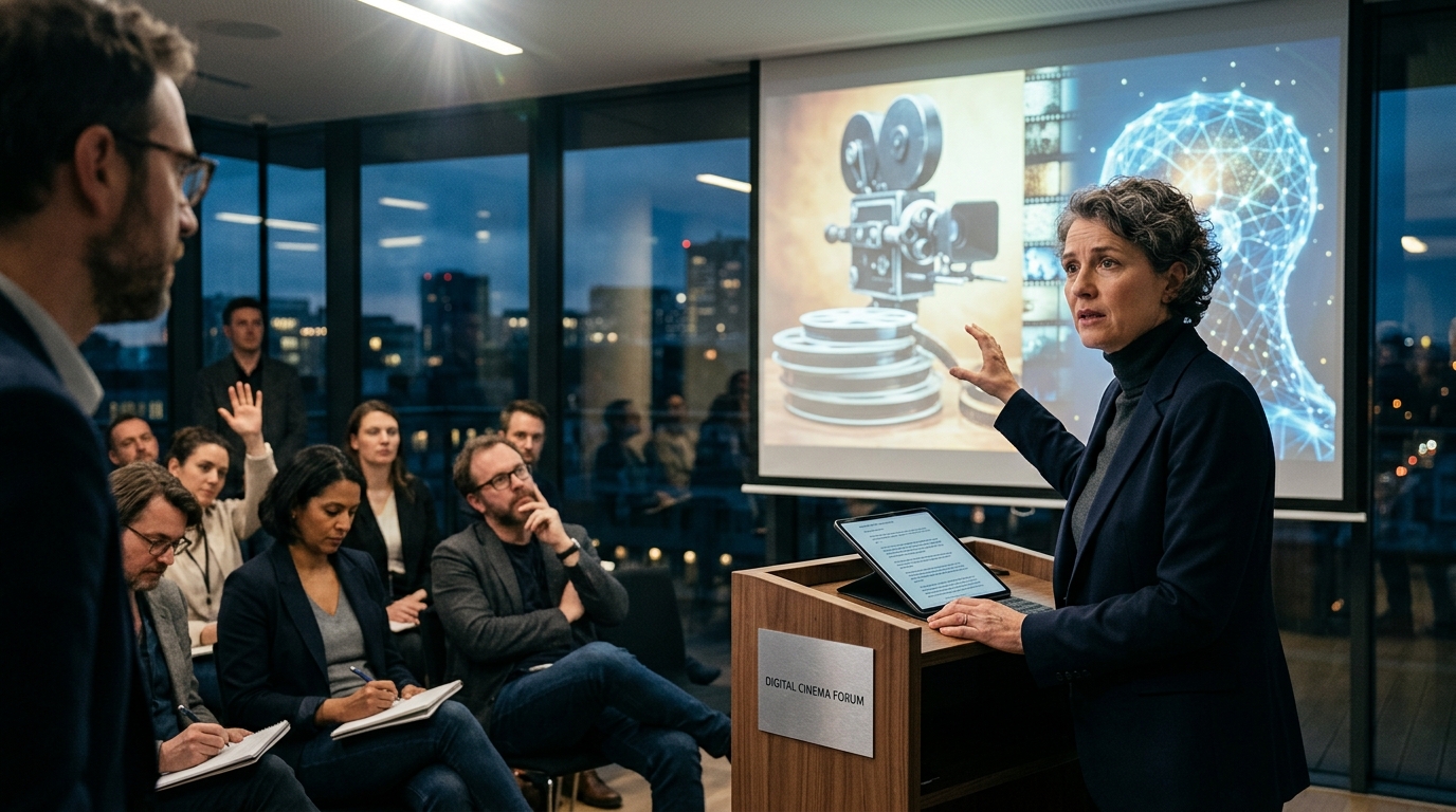 Film reel and intellectual property symbols in the era of artificial intelligence.