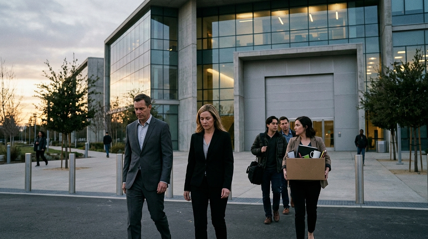 Oracle corporate logo on a building representing recent tech layoffs and AI shift.
