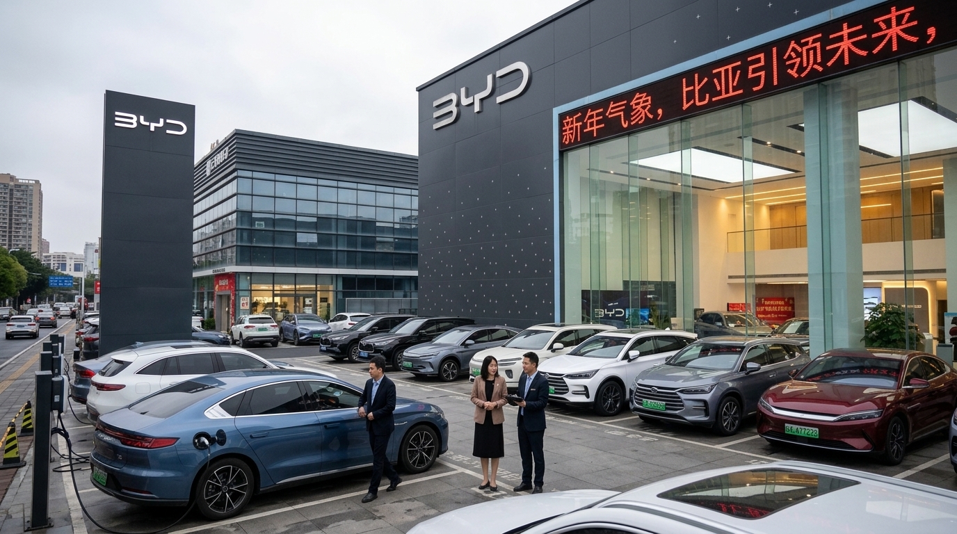 BYD and Tesla electric cars parked side by side representing EV sales competition.