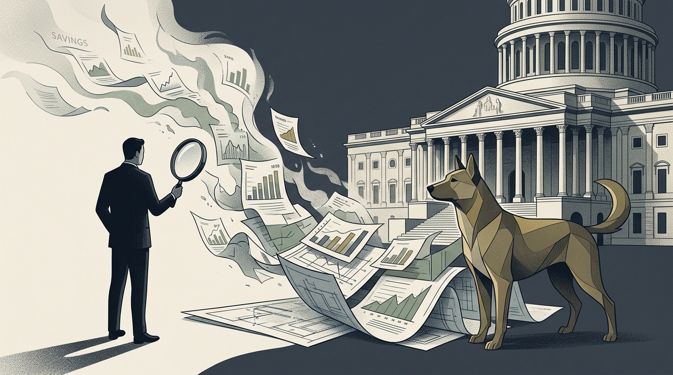 Γραφικό με το λογότυπο του DOGE και έγγραφα ομοσπονδιακού ελέγχου GAO για τις δαπάνες.