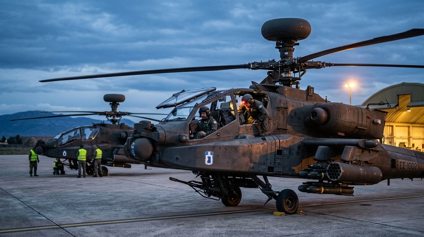 Apache helicopter equipped with advanced Lockheed Martin night vision sensors.