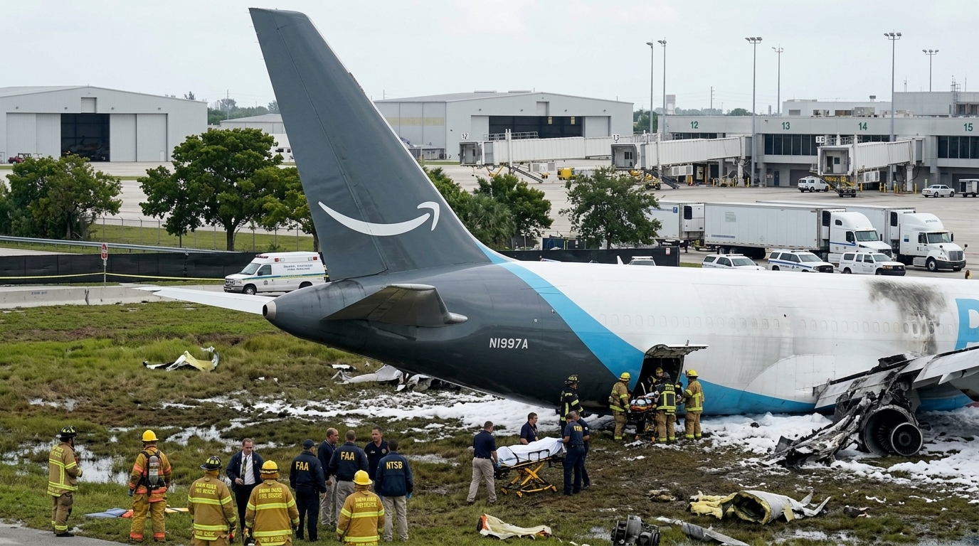 Wreckage of an Amazon Prime Air cargo plane at Miami International Airport after the crash.