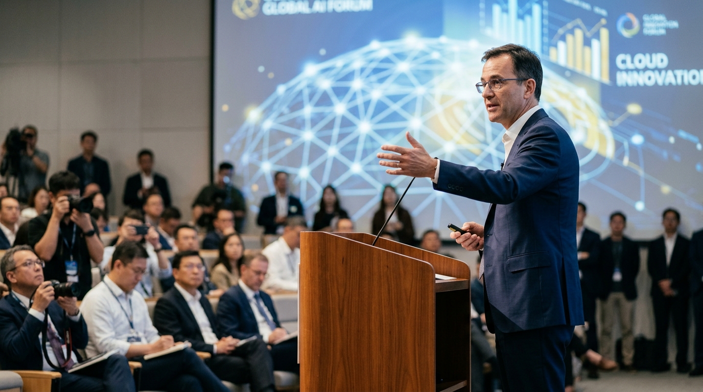 Το λογότυπο της Alibaba σε φόντο με κέντρο δεδομένων cloud και τεχνητή νοημοσύνη.