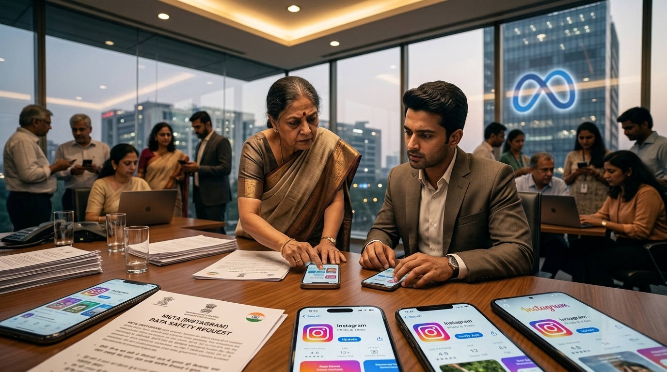 Meta and Instagram logos against the Indian flag representing child safety regulations.