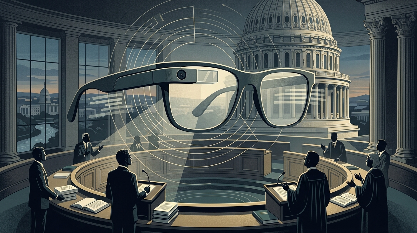 Close-up of smart glasses with a built-in camera lens highlighting wearable surveillance.