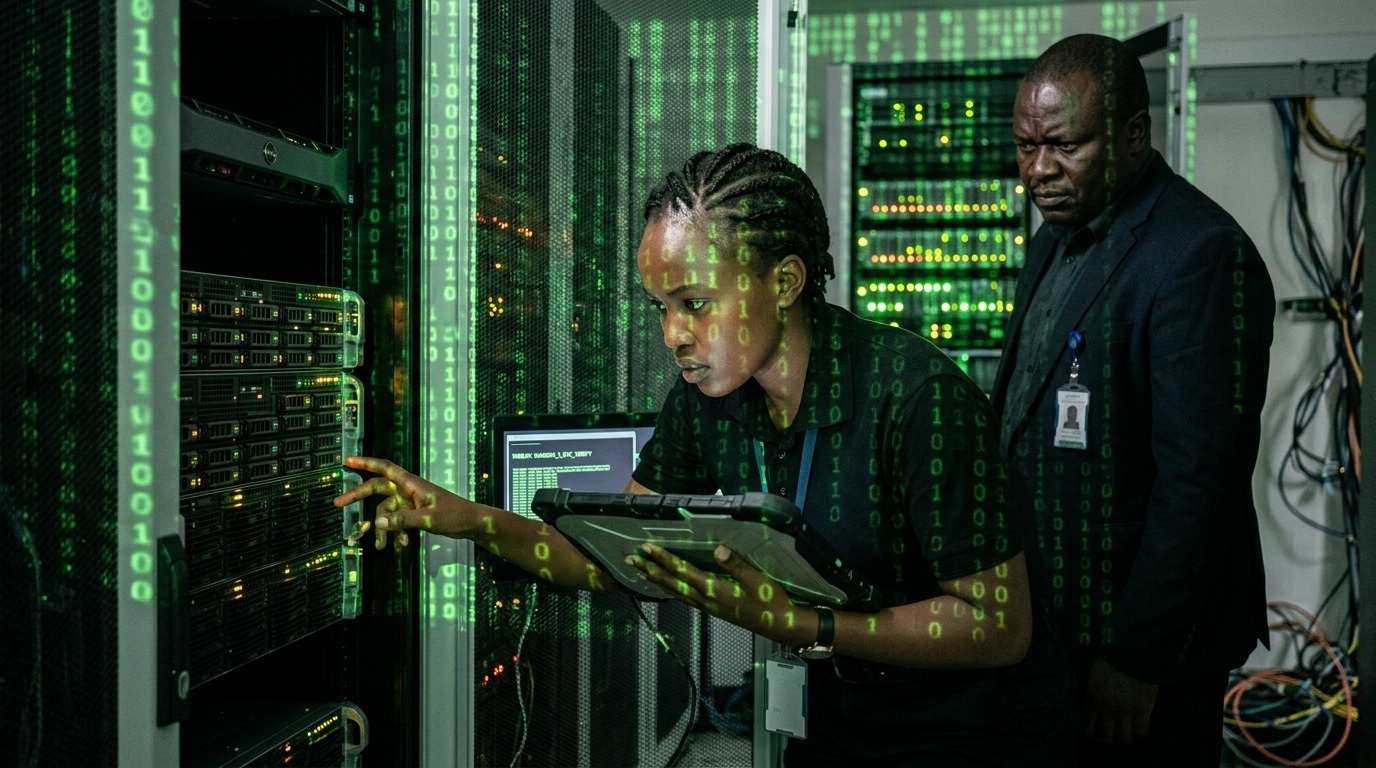 Digital representation of a cyberattack on the Kenyan presidency website with Bitcoin symbols.