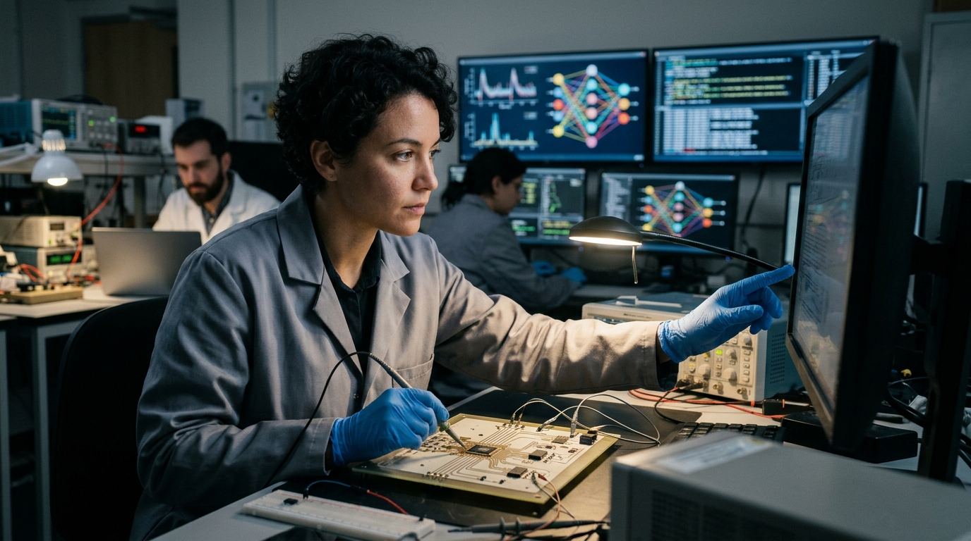 Close-up of neuromorphic engineering hardware showing artificial synapses for AI processing.