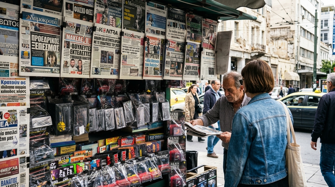 Greek Sunday newspaper headlines covering politics and the economy.