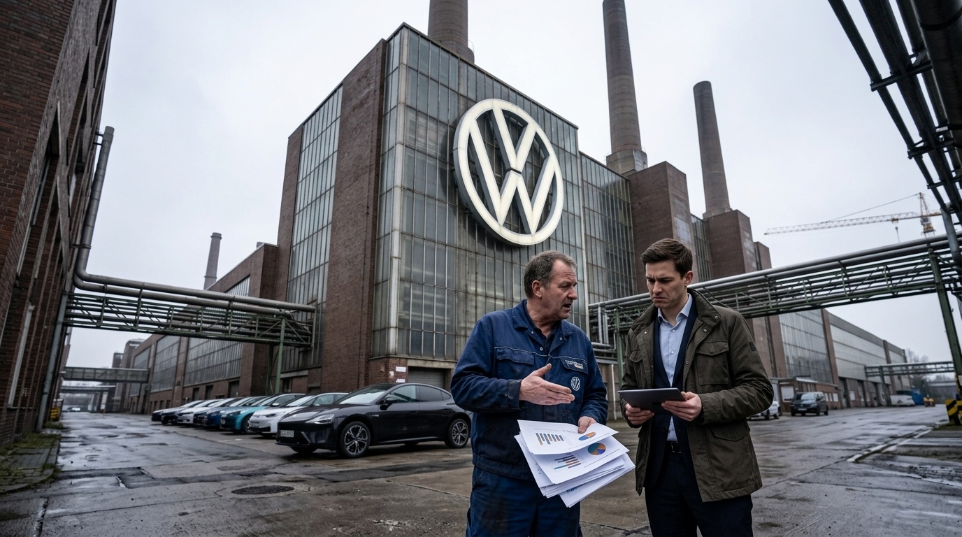 Volkswagen logo in front of a German factory during the company's existential crisis.