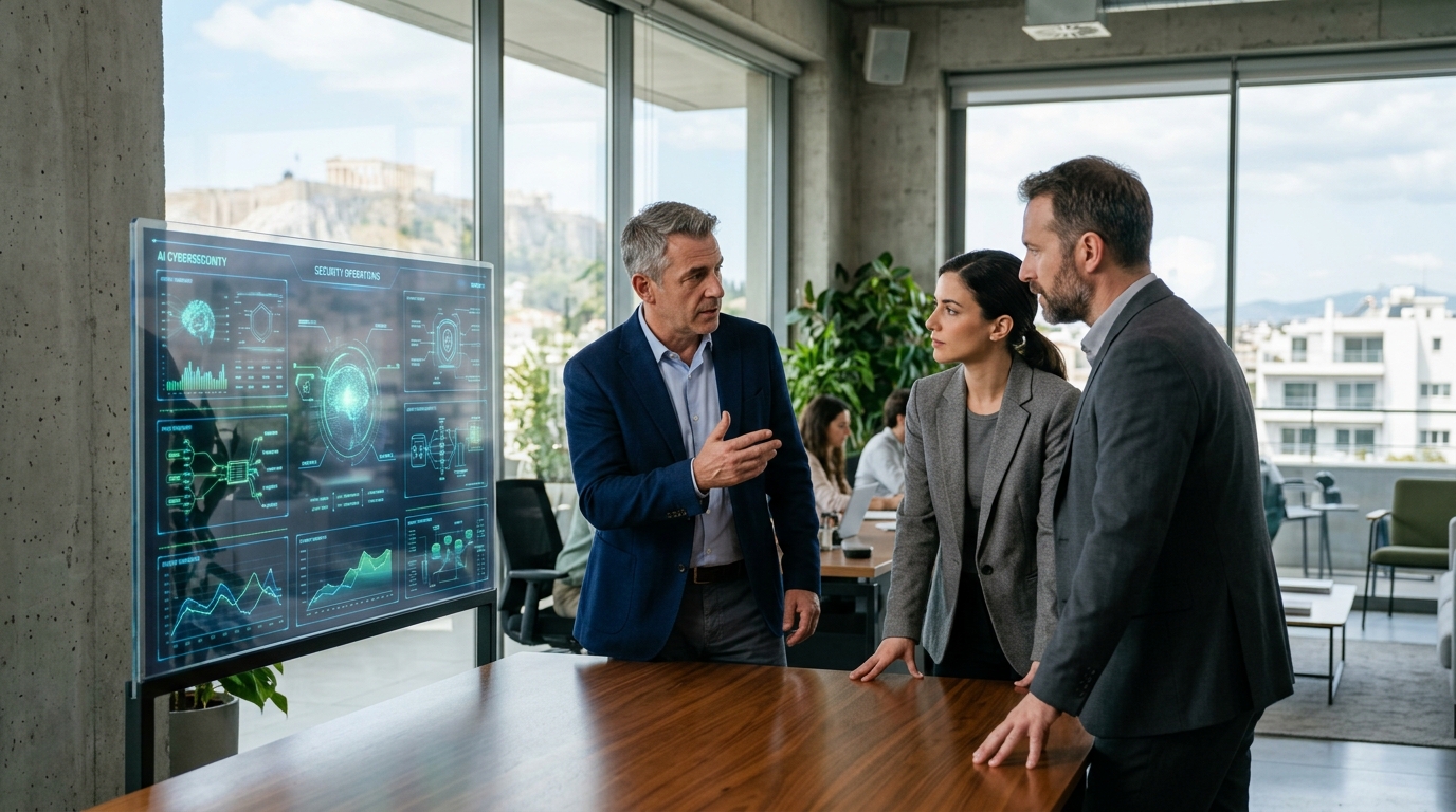 Digital representation of AI in Cybersecurity and SOC operations by Odyssey Cybersecurity.
