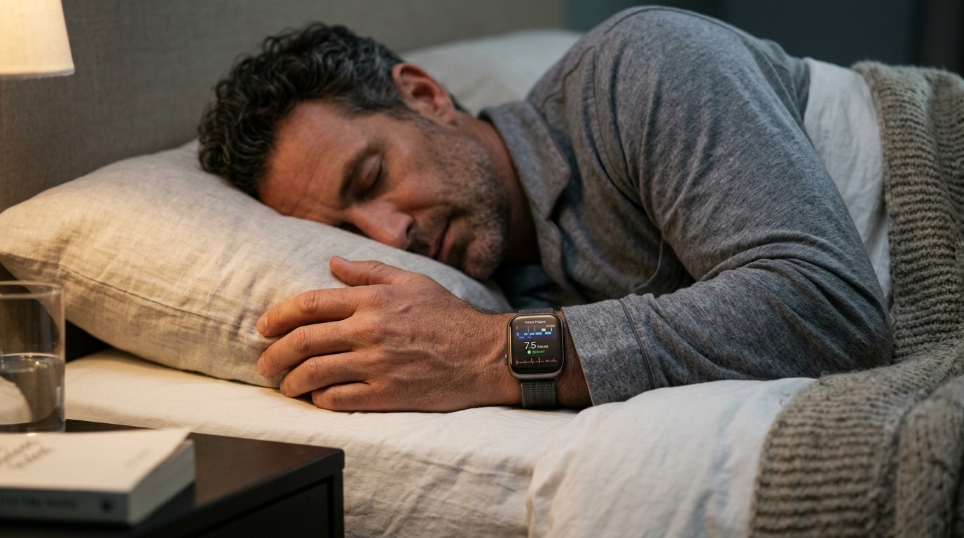 Άνθρωπος που φοράει smartwatch στο κρεβάτι αναλύοντας δεδομένα ύπνου.
