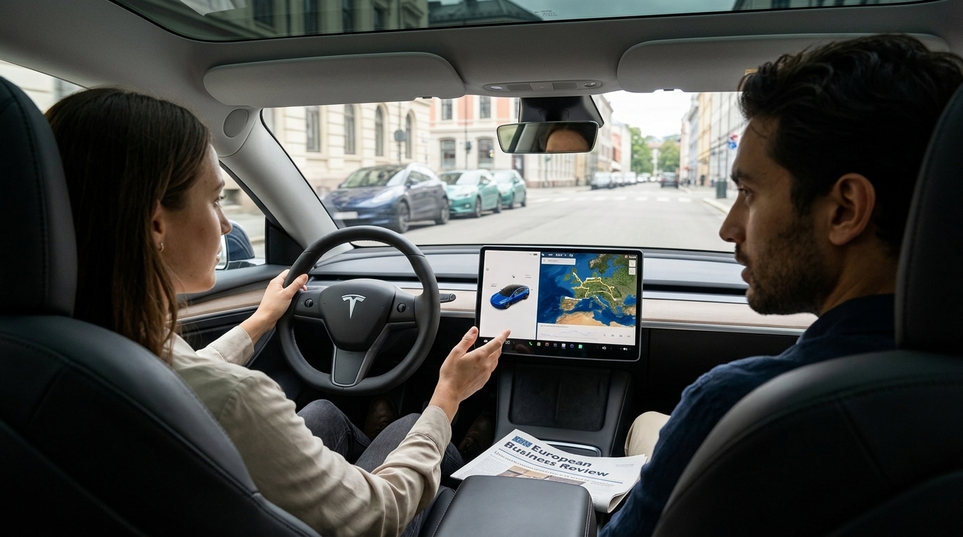 Αυτοκίνητο Tesla σε σταθμό φόρτισης στην Ευρώπη.