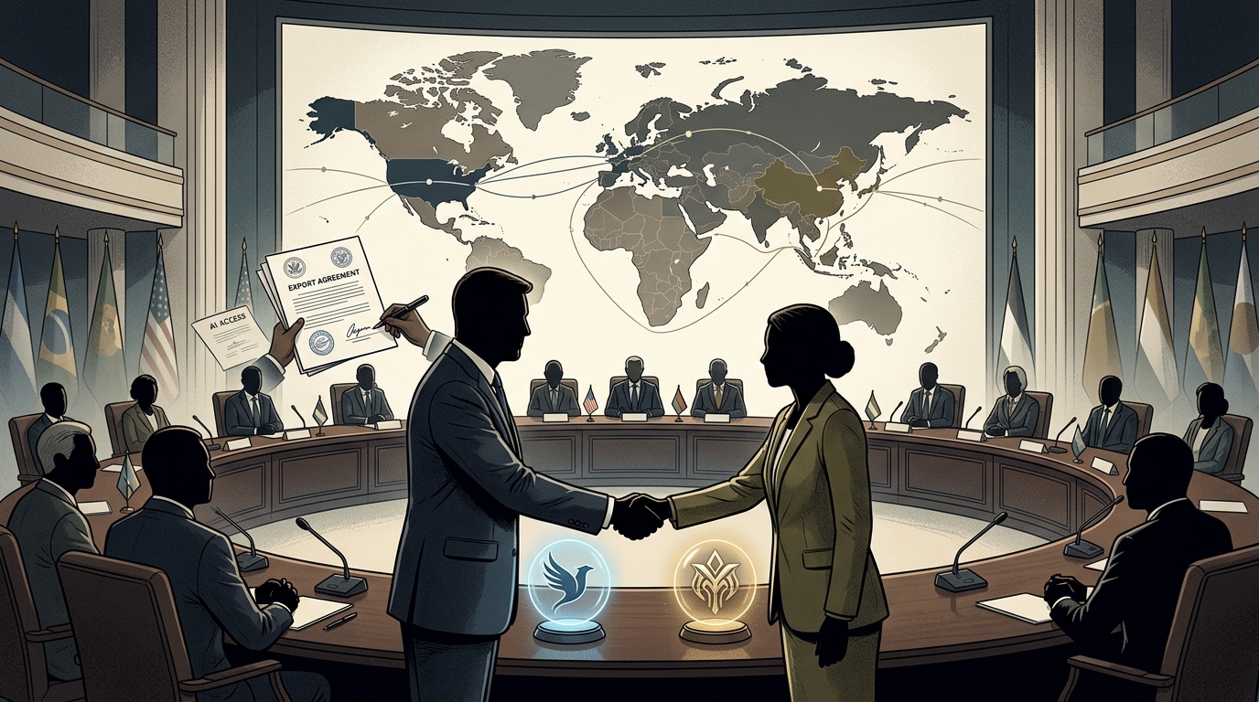 Digital representation of Anthropic AI models Claude 5 and Mythos 5 being exported globally.