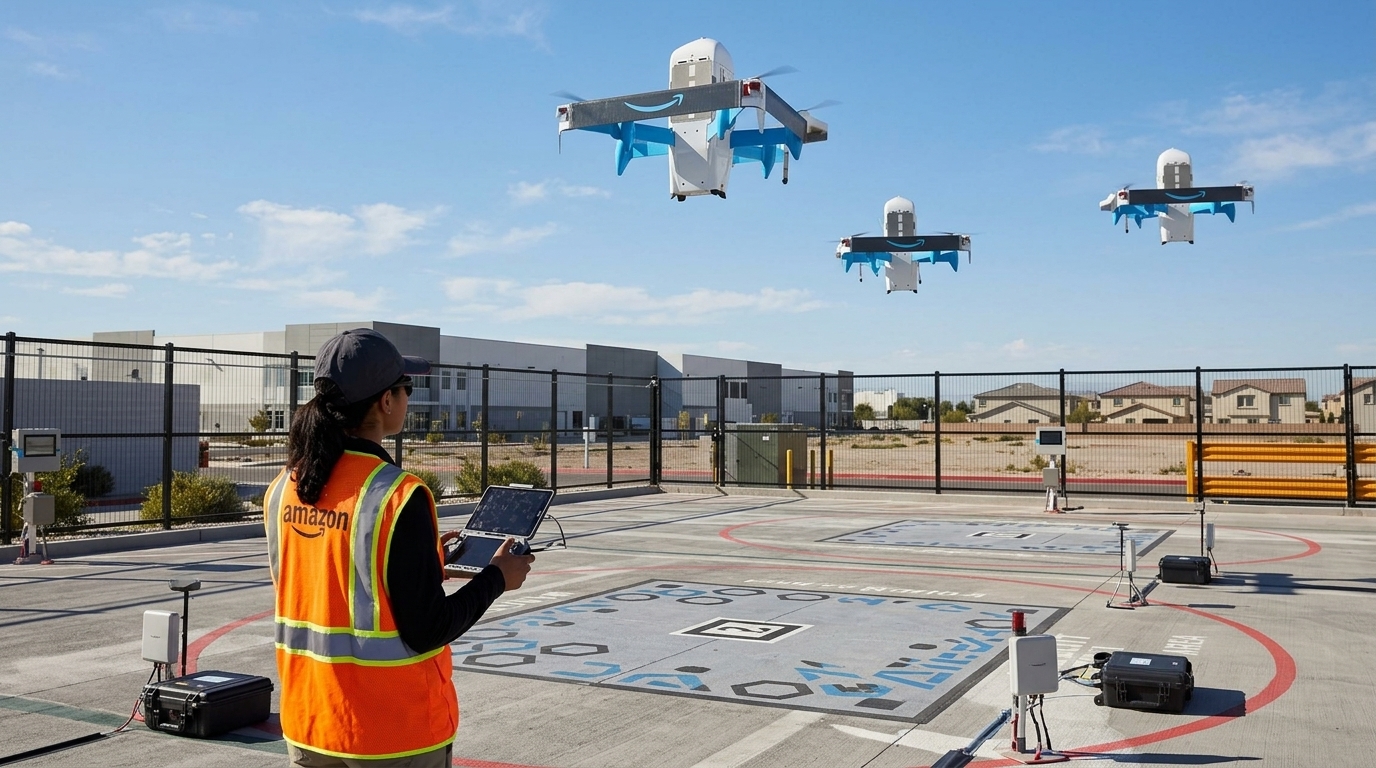 Drone της Amazon Prime Air παραδίδει δέμα σε αμερικανική γειτονιά.
