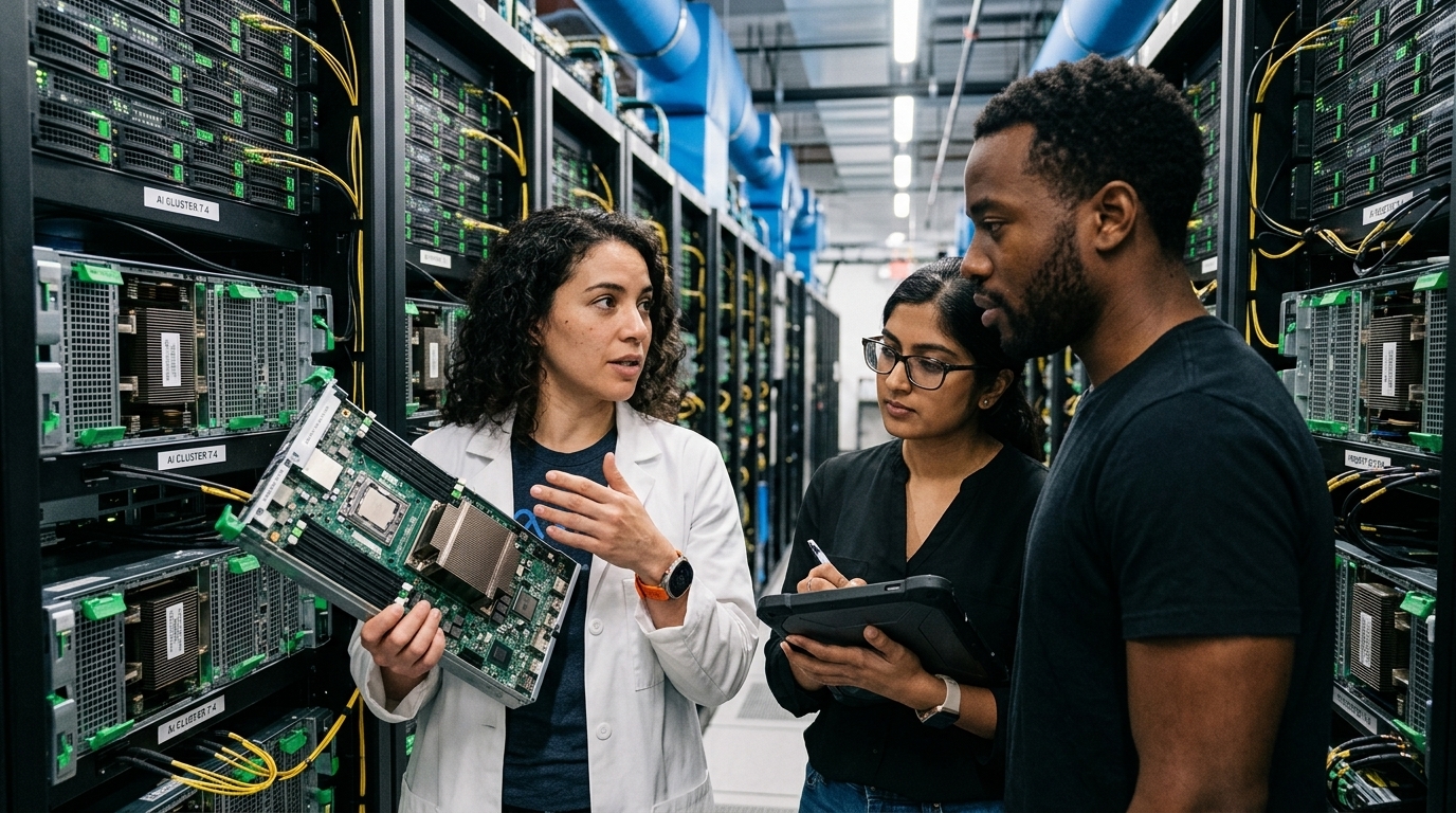 Inside a Meta data center featuring servers for AI infrastructure.