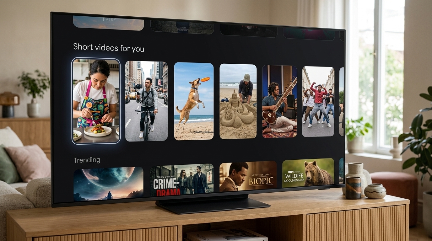 YouTube Shorts interface on the Google TV home screen.