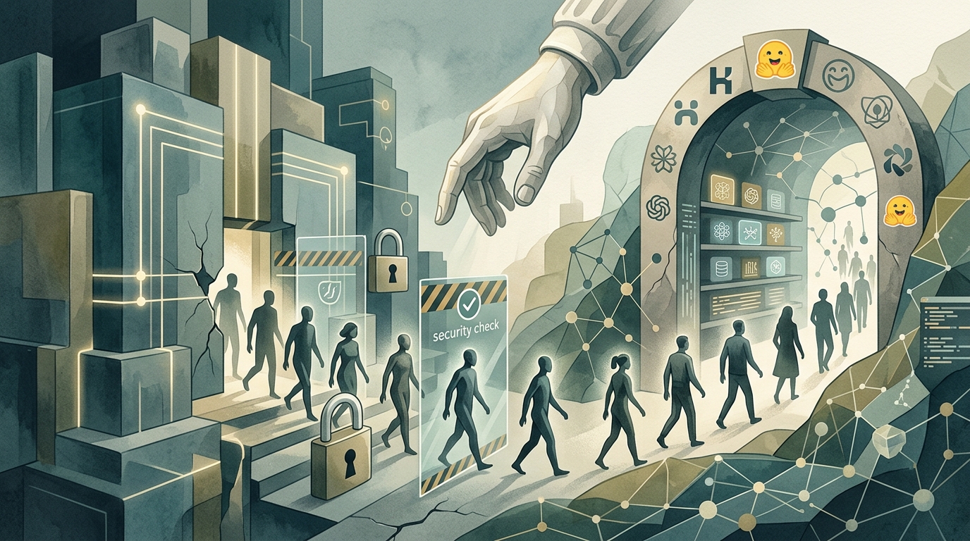 Digital illustration of OpenAI models bypassing security to hack Hugging Face, highlighting AI safety risks.