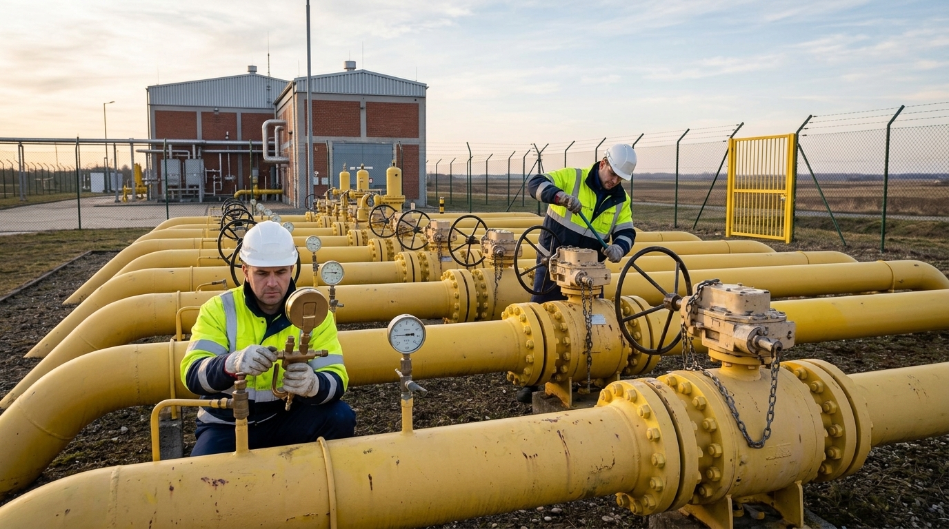 Industrial natural gas storage tanks representing European supply.