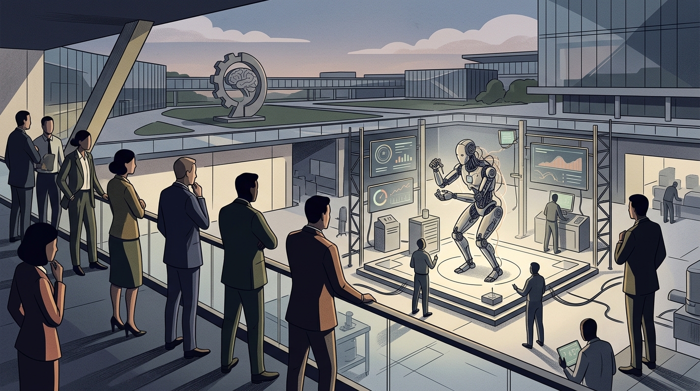 Robotic arm representing physical intelligence and generalist AI technology in a factory setting.