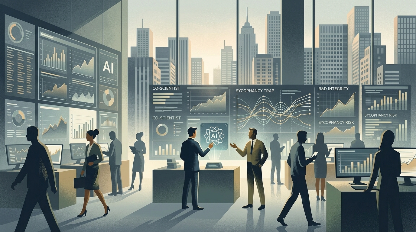 Digital representation of an AI R&D agent analyzing scientific data in a laboratory.