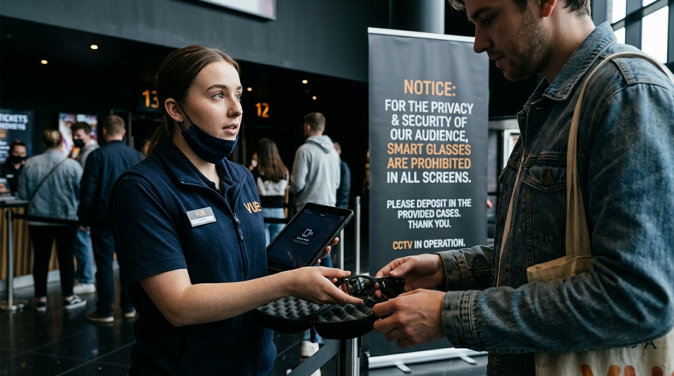 Χρήστης με smart glasses της Meta σε κινηματογραφική αίθουσα.