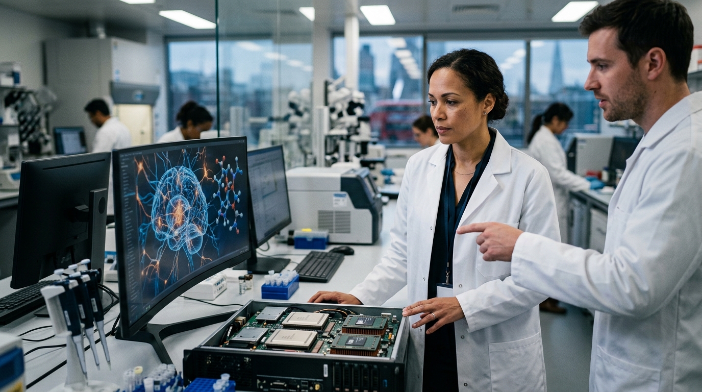 Modern laboratory using AI for drug discovery at Boehringer Ingelheim's London hub.