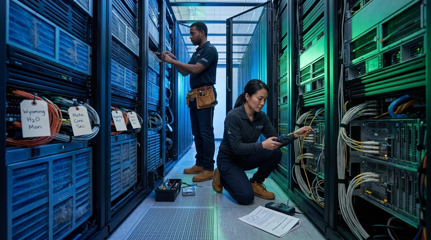 Meta AI data center facility highlighting water cooling systems.