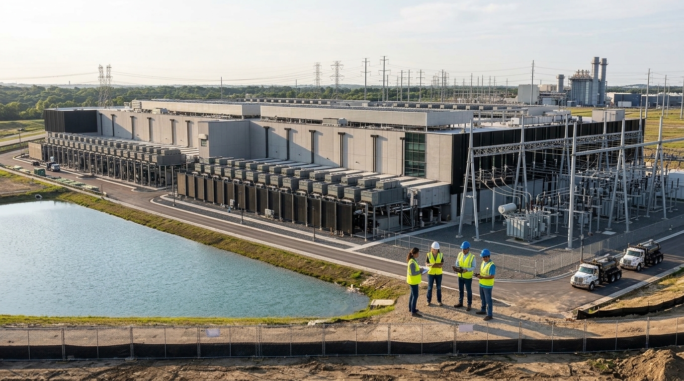 Data centers and charts illustrating Microsoft's 25% carbon emission surge from AI development.