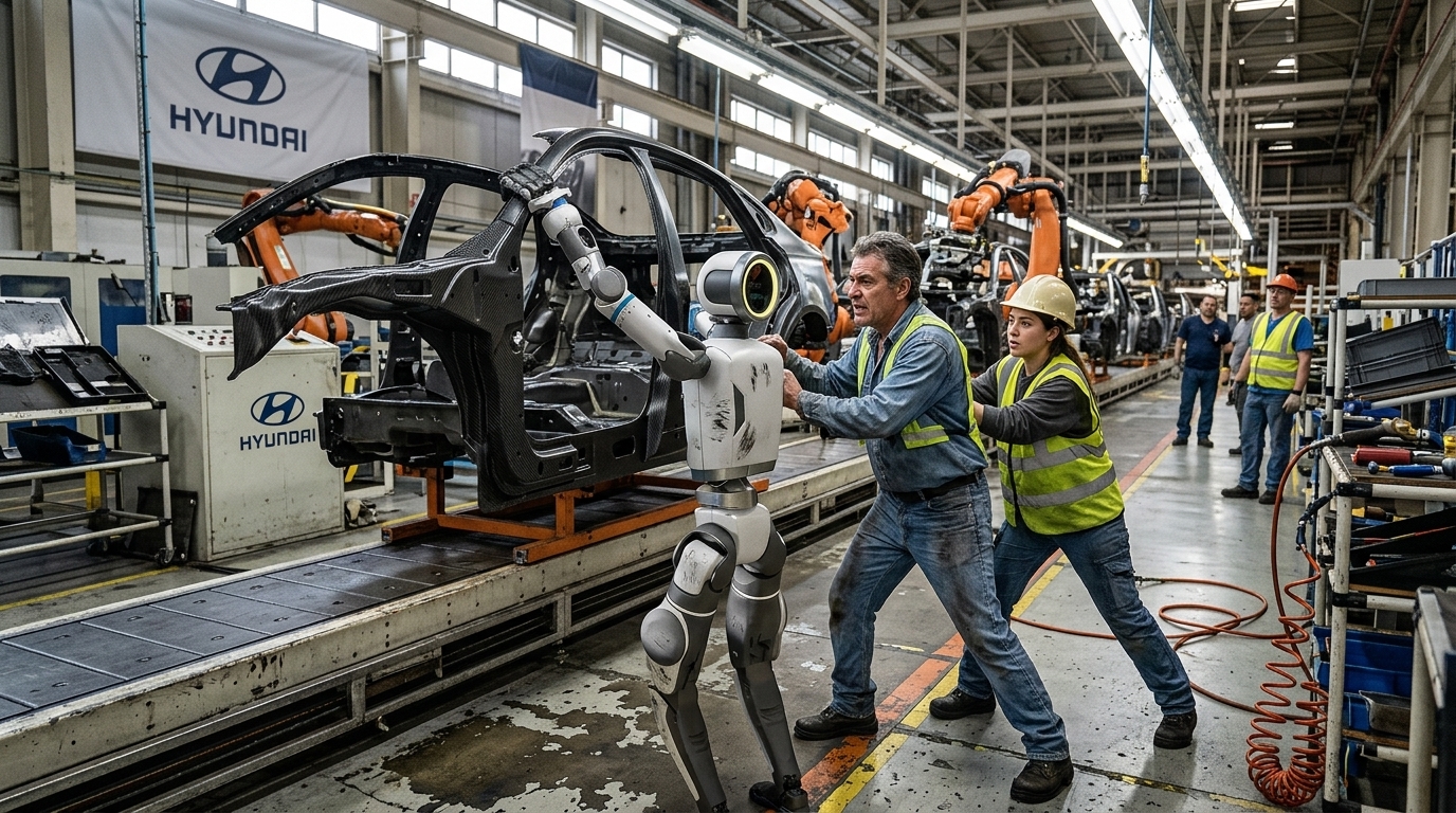 Hyundai factory workers protesting the deployment of Boston Dynamics Atlas humanoid robots.