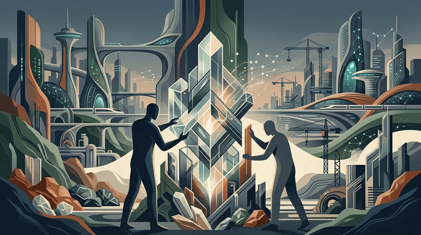 Industrial forge merging with digital AI neural networks representing material reality in 2026.